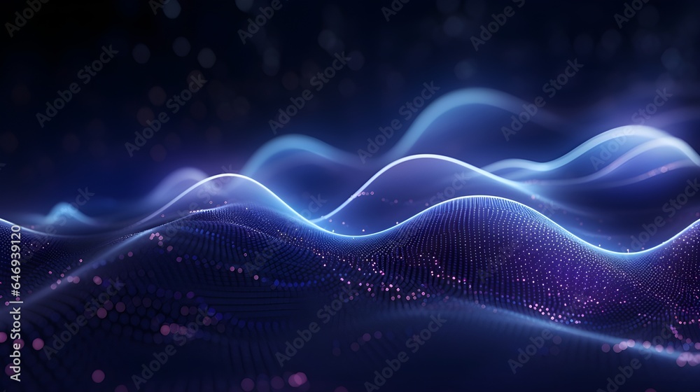 Neon color motion waving dots texture with glowing defocused particles, cyber and technology digital wave background concept. Futuristic tech.Generative AI. - obrazy, fototapety, plakaty 