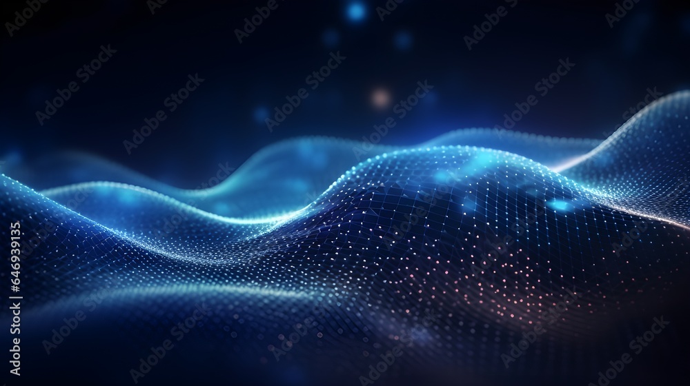 Neon color motion waving dots texture with glowing defocused particles, cyber and technology digital wave background concept. Futuristic tech.Generative AI.