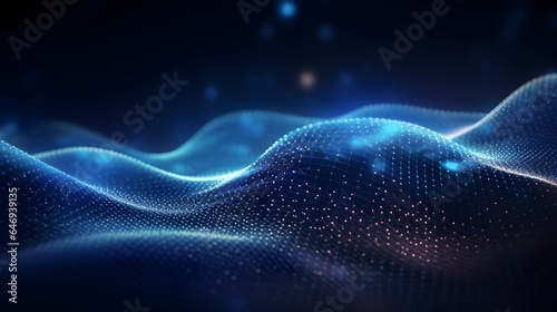 Neon color motion waving dots texture with glowing defocused particles, cyber and technology digital wave background concept. Futuristic tech.Generative AI.