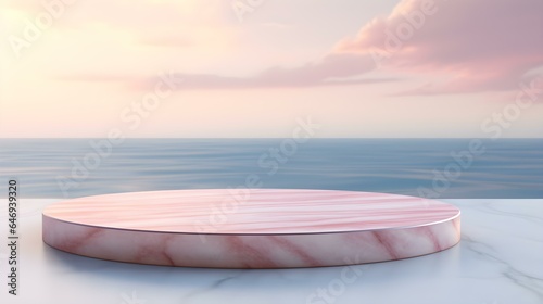 Round Marble Podium in pink Colors in front of a blurred Seascape. Luxury Backdrop for Product Presentation 