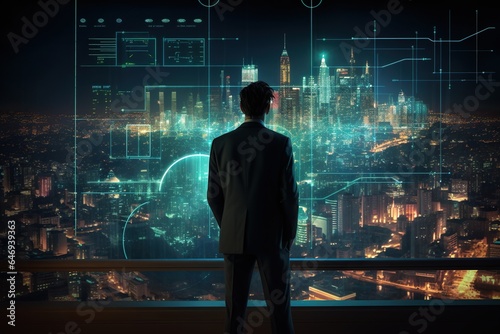 a man standing in front of a big futuristic holographic display
