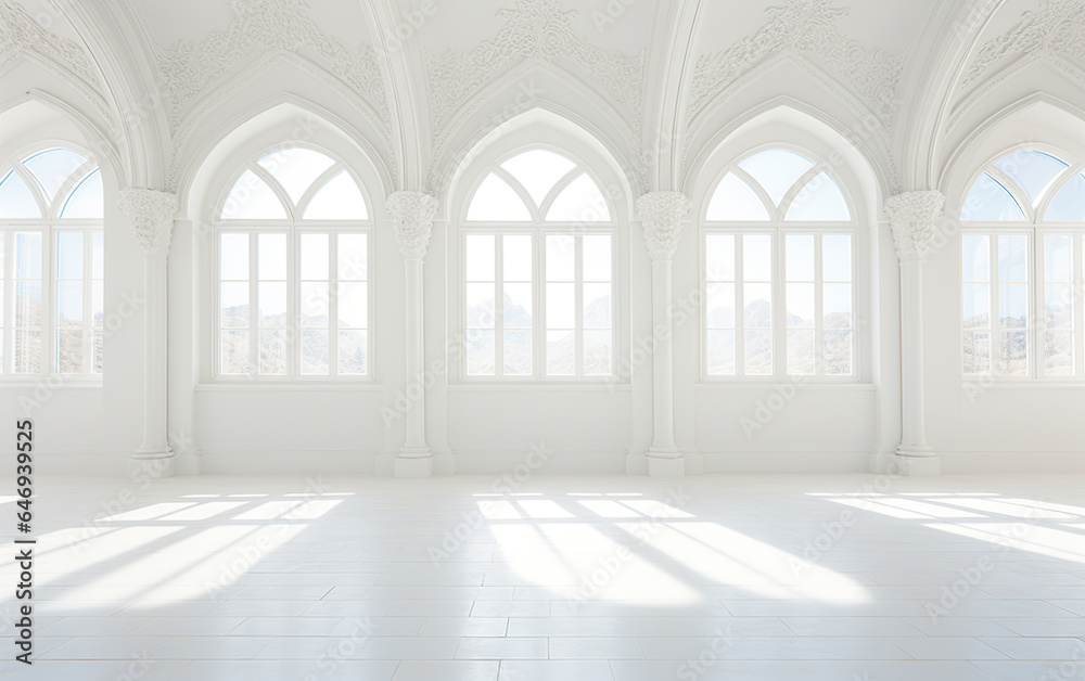 Fototapeta premium Empty spacious hall with white walls and white floor. All-white high-class residential environment with sunlight. Empty space with windows.