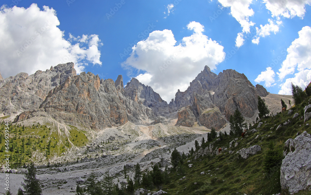 Breathtaking panorama of VENEGIA VALLEY in the European Alps below the Italian Dolomites mountains in Italy