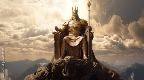 Portrait of Zeus or Jupiter or a Hellenic god with his crown and sitting on his majestic throne on a mountain. photo