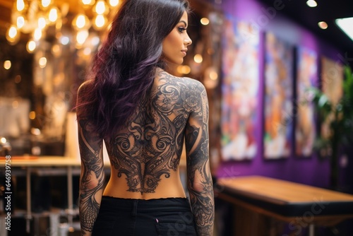 attractive female model shows off full back tattoo