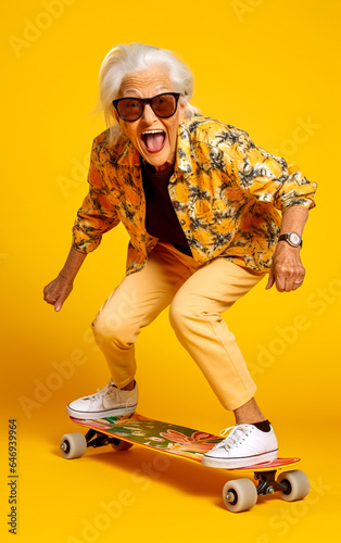 Funny and happy old woman uses a skateboard and enjoys doing stunts - isolated on yellow background