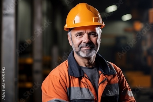 portrait of a construction worker wearing a hard hat and high-vis jacket