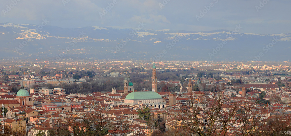 view of the city of Vicenza with the most famous monuments and the roofs