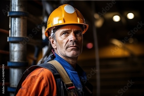 portrait of a construction worker wearing a hard hat and high-vis jacket
