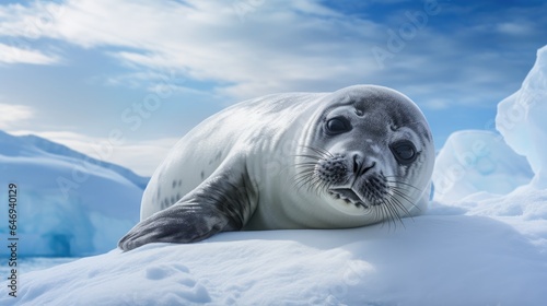 solitary Weddell seal resting on an ice floe, gazing curiously at the camera.