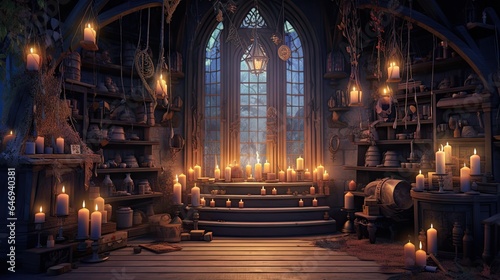 Candles light up a magical witch or sorcerers cottage with potions and spells in a 3D illustration.