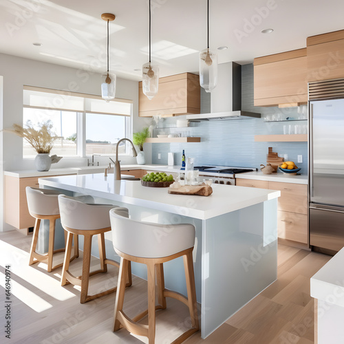 Contemporary Coastal Kitchen  Infusing coastal elements with modern design  using light and airy colors  and open spaces for a fresh look. AI Generated