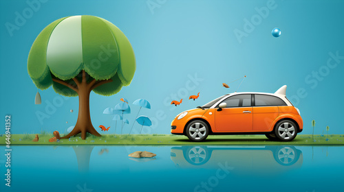 car near tree 3D vector illusion 