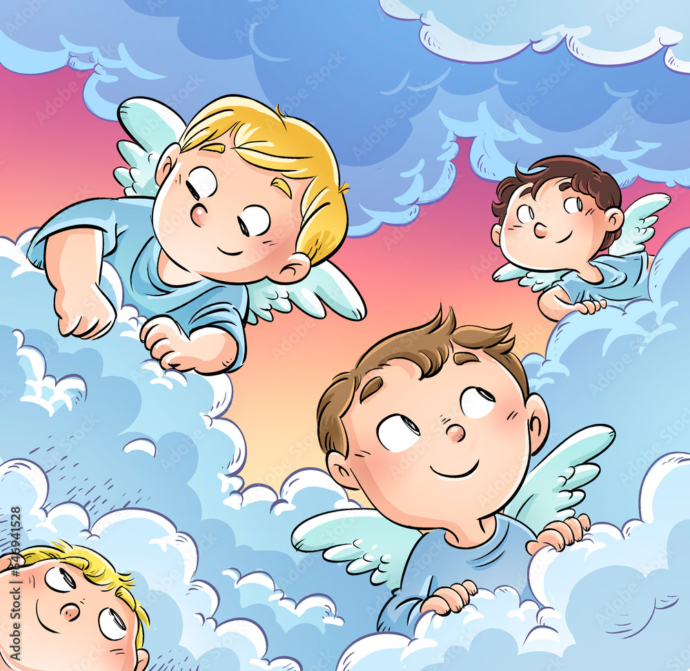 Adorable Angels among the clouds watching and thinking