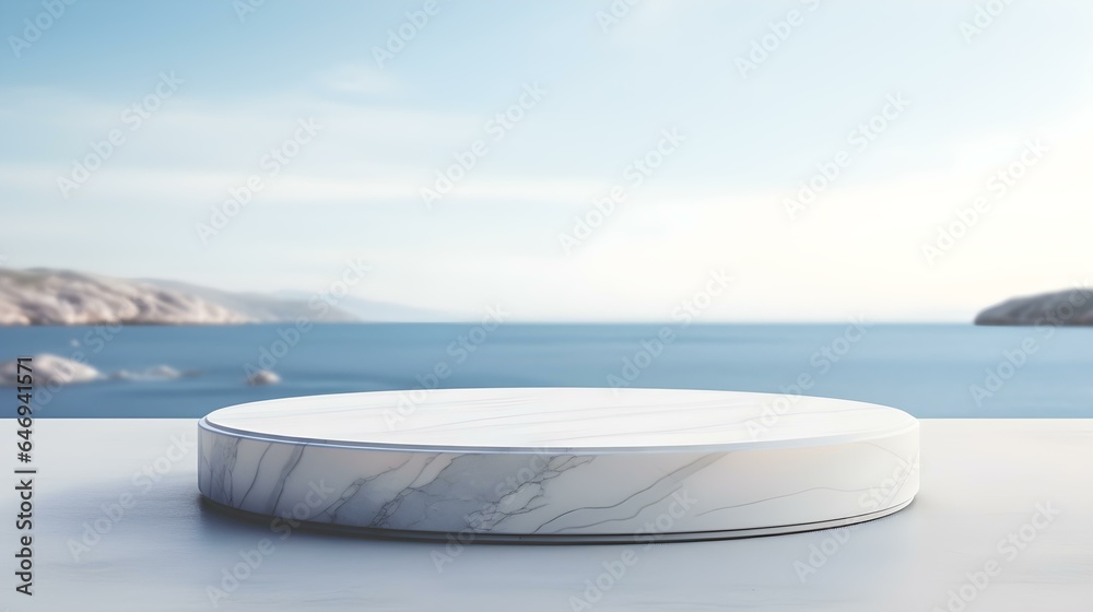 Round Marble Podium in white Colors in front of a blurred Seascape. Luxury Backdrop for Product Presentation

