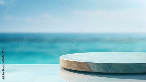 Round Marble Podium in turquoise Colors in front of a blurred Seascape. Luxury Backdrop for Product Presentation 