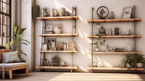 Simplistic interior with wooden frames  shelves  plants  and decor items.