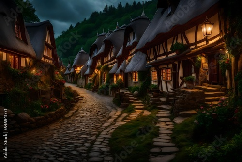 Fairy tale village with thatched-roof cottages and cobblestone streets - AI Generative