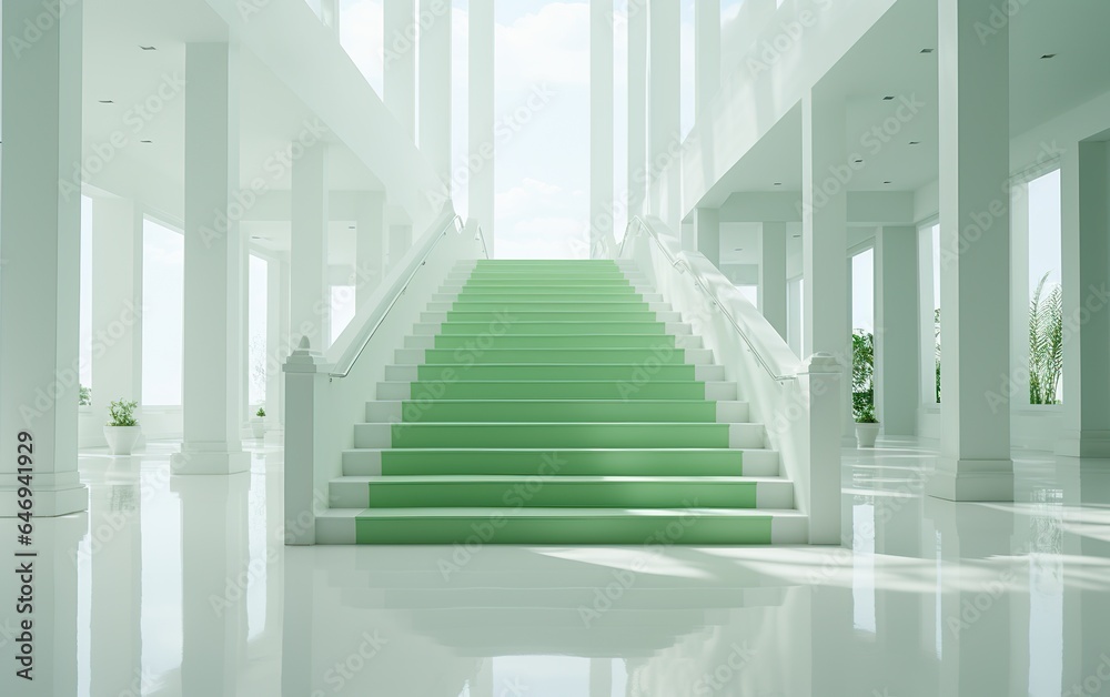 Obraz premium Spacious lounge with stylish stairs, white walls and white floors. All-white high-class residential environment with sunlight. Stairs to another room in the house.