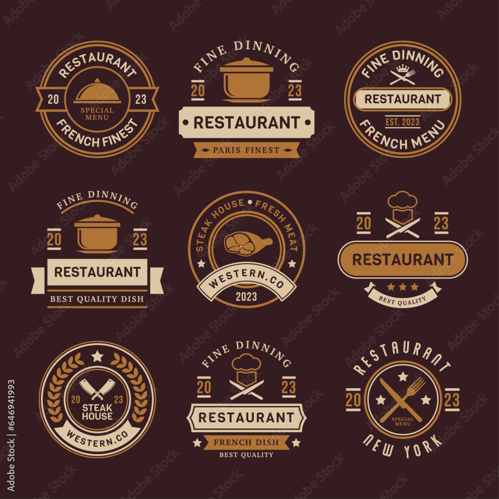 Retro restaurant logos design templates collection. Restaurant ornament logo vector design elements bundle