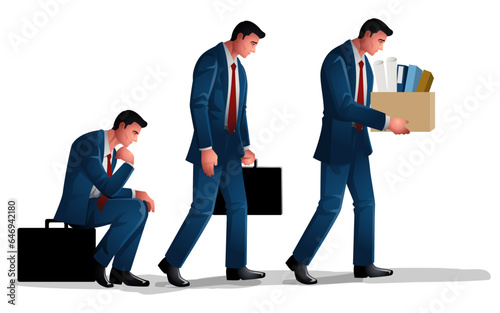 Illustration set offers the complex world of a lethargic businessman, delving into themes of weariness, contemplation, and professional challenges, including the theme of being fired