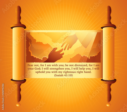 Biblical and religion vector illustration series on old scroll, God hand reaching out for human hand. Hope, help, God mercy concept