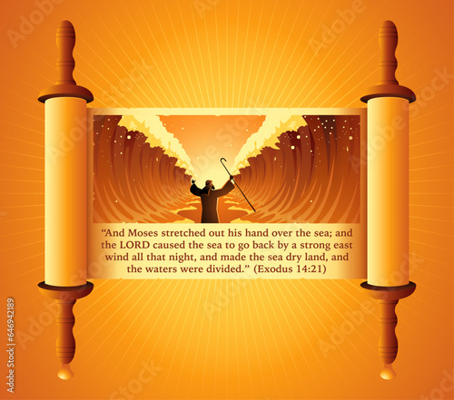 Biblical and religion vector illustration series on old scroll, Moses held out his staff and the Red Sea was parted by God, biblical vector illustration series
