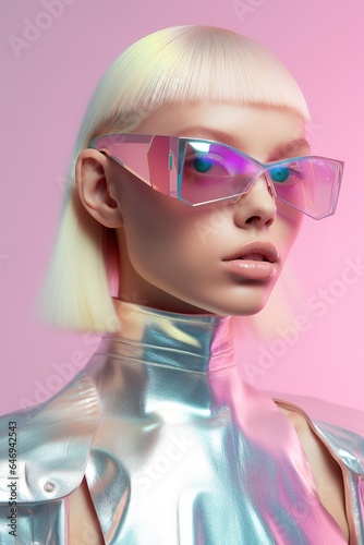 A futuristic woman with bright blonde hair and an iridescent metallic outfit stands poised and powerful, her neon eyewear adding a daring edge to her fashion-forward look