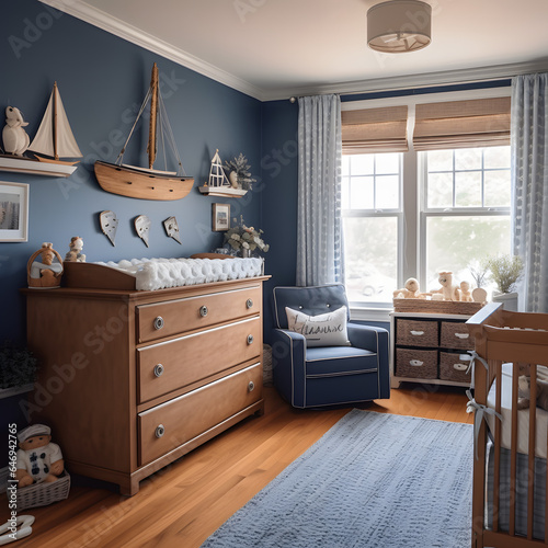 Nautical Themed Nursery  Creating a soothing environment with maritime-inspired decor  soft blues  and subtle ocean motifs. AI Generated