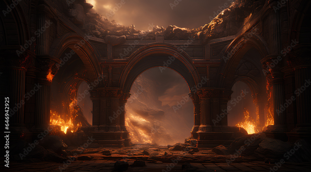 Ancient classic architecture stone arches with flames