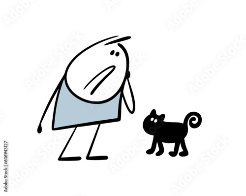 Cartoon man, rightened superstitious stickman stands and looks at the black cat. Vector illustration of an animal crossing the road, bad luck.