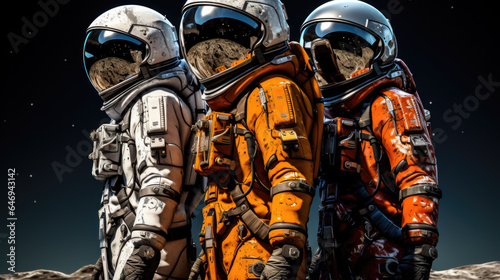 several astronaut suits isolated on black background