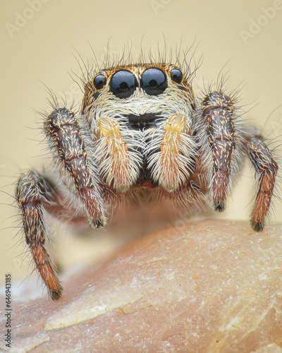 Photos Portrait of a white to orange female Jumping Spider with yellow palps (Pellenes