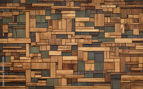 Abstract decorative wooden wall  mosaic geometric wooden texture. Copy space  decorative background. 
