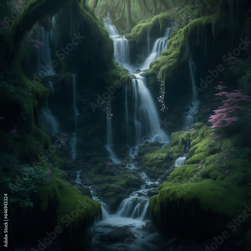 Hidden fairy kingdom tucked away behind a cascading waterfall - AI Generative