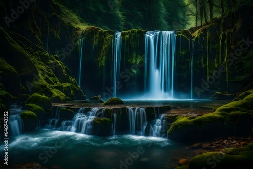 Hidden fairy kingdom tucked away behind a cascading waterfall - AI Generative