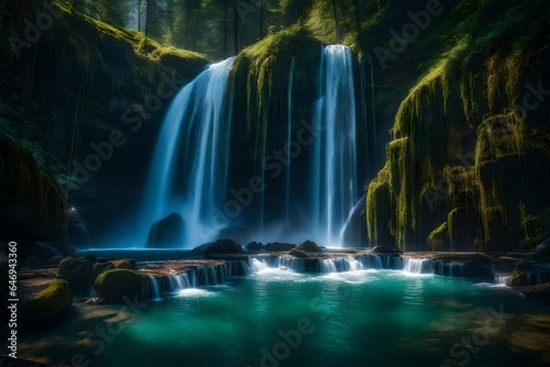 Hidden fairy kingdom tucked away behind a cascading waterfall - AI Generative