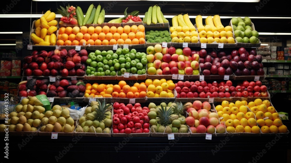 Fruits in the refrigerated shelf of a supermarket. Generative AI