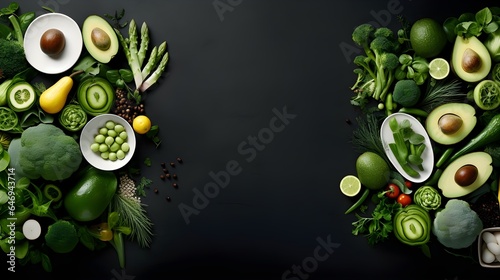 Macro photo of green fruits and vegetables with leaves.