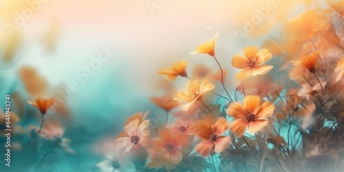 Beautiful abstract coral, turquoise, and yellow misty morning photo floral design background banner. beautiful Generative AI AIG32 © Summit Art Creations