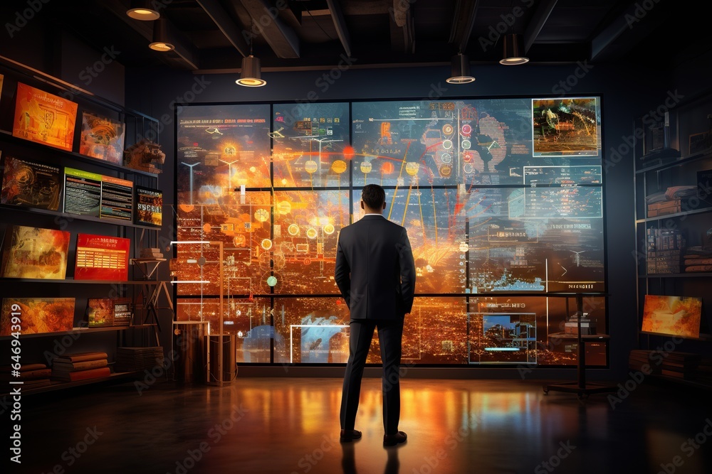 a man standing in front of a big futuristic display examining data information analytics chart