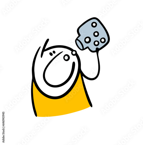 Stupid man holds a jar of pills and pours the medicine into his open mouth. Vector illustration of a sick stickman in the hospital, taking care of his health.