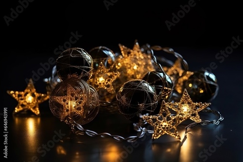 Christmas decoration with stars and lights on a black background generated by AI