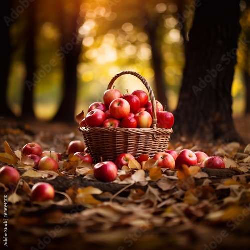 Basket of ripe red apples in autumn garden