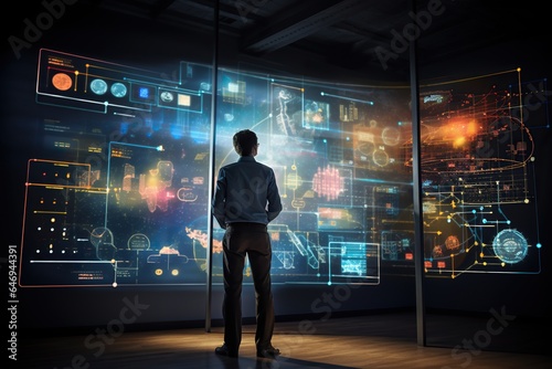 a man standing in front of a big futuristic display examining data information analytics chart