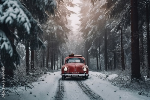 Red Car Carrying A Christmas Tree In Snowy Forest generated by AI