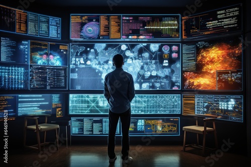 a man standing in front of a big futuristic display examining data information analytics chart