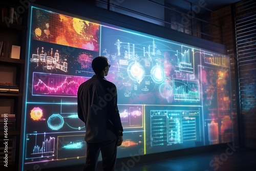 a man standing in front of a big futuristic display examining data information analytics chart