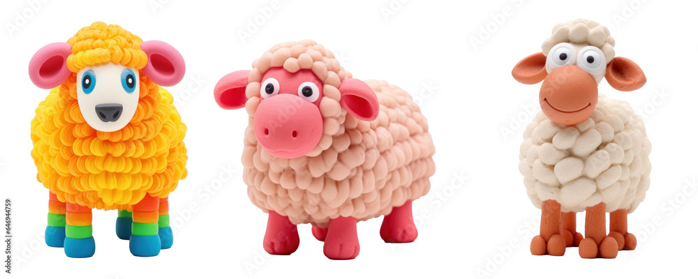 Funny sheeps formed from plasticine, different versions, cartoon, isolated