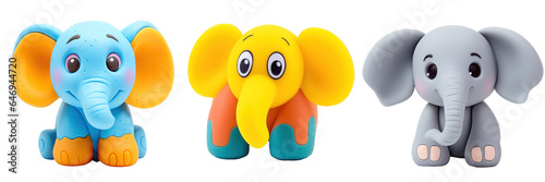 Funny elephants formed from plasticine, different versions, cartoon, isolated